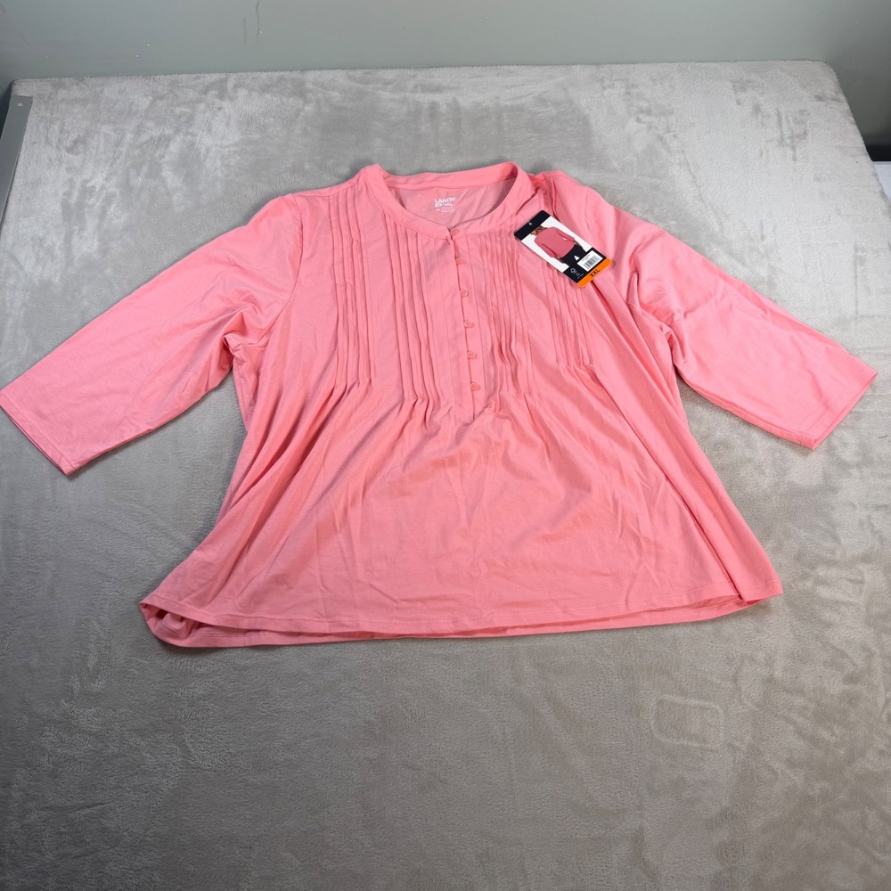 Lands' End Pintuck Button Front Top Womens XXL Pink Cotton Modal 3/4 Sleeve